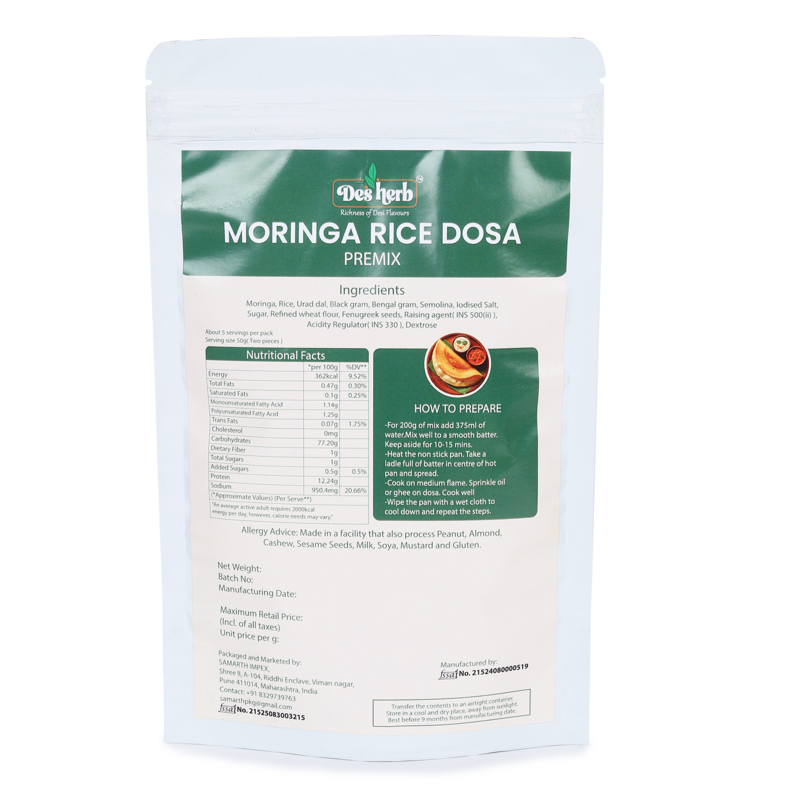 Desherb Moringa Rice Dosa Premix