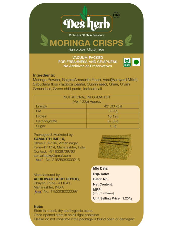 Front and back view of Moringa crisps packaging highlighting health benefits