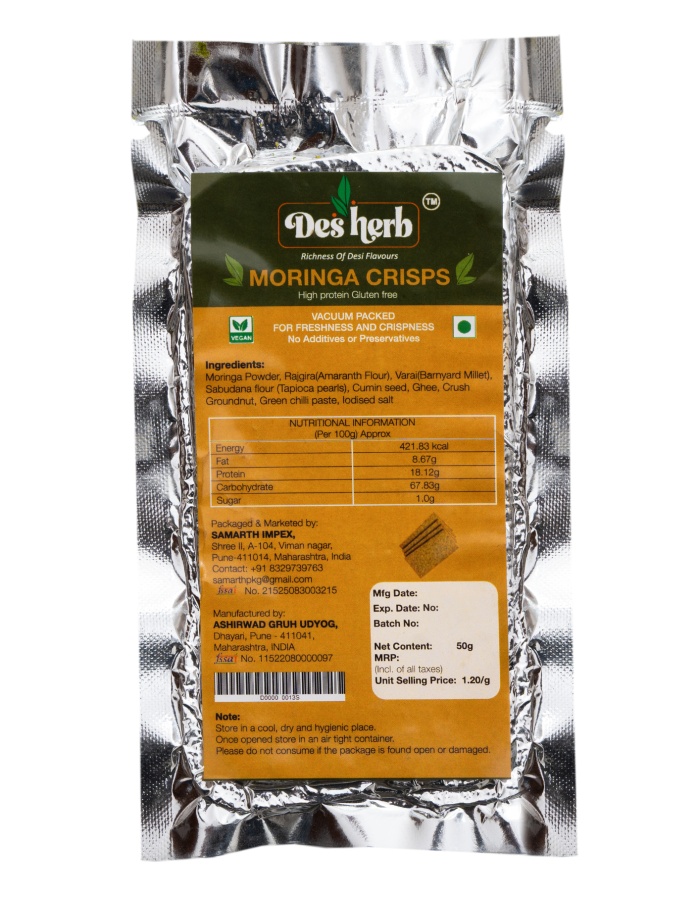 Front and back view of Moringa crisps packaging highlighting health benefits