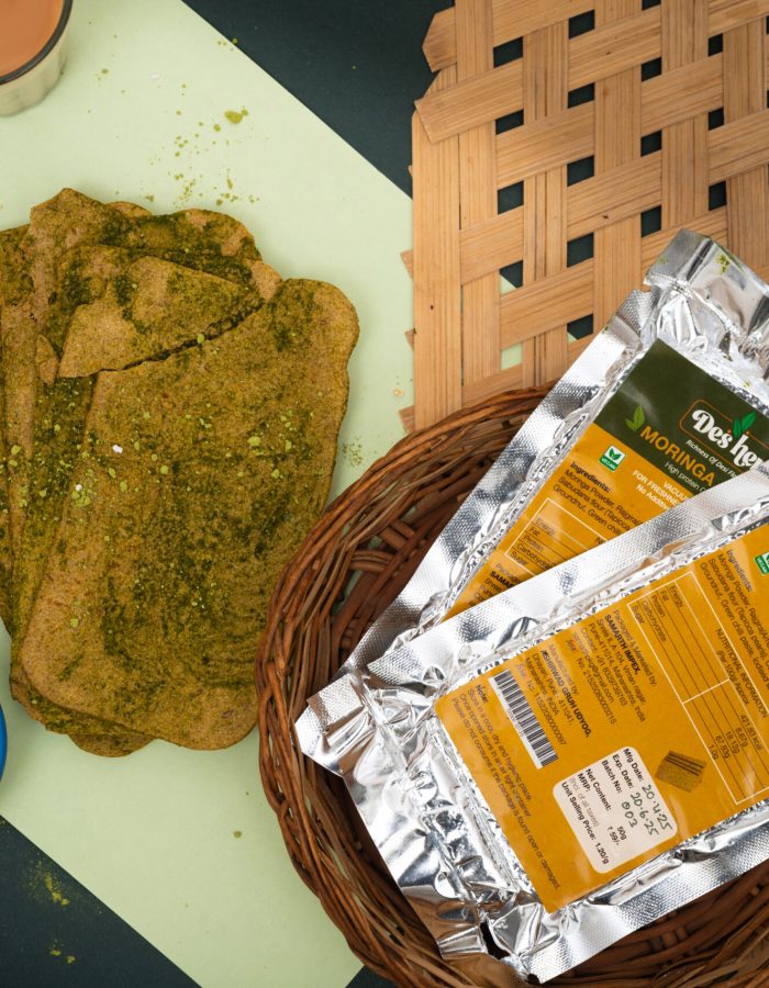 Front and back view of Moringa crisps packaging highlighting health benefits